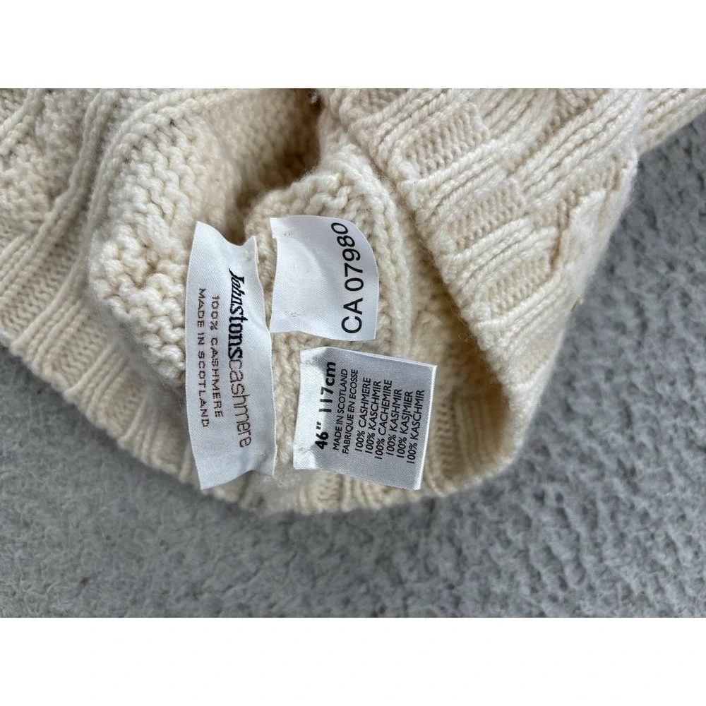 Johnstons Of Elgin Cashmere Sweater Mens 46 XL Ivory Cable Knit Made in Scotland